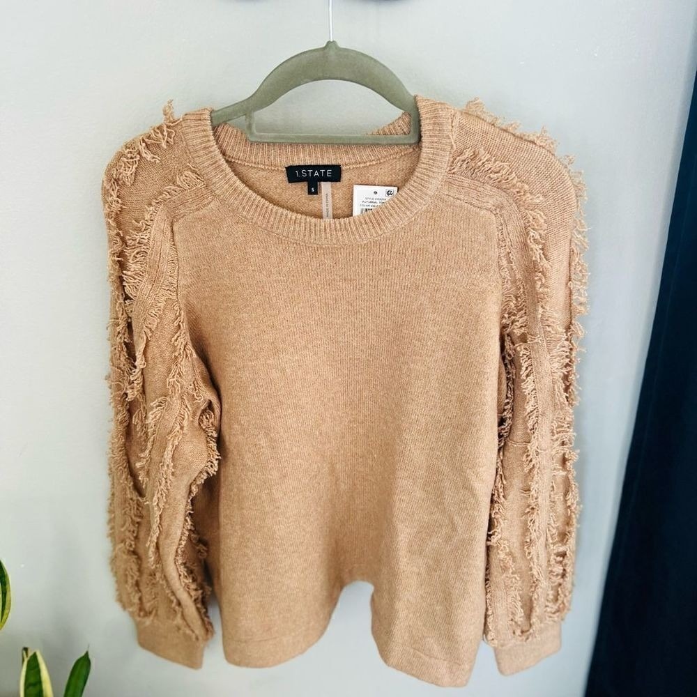 1.STATE Fringe Sleeve Sweater Top, Size Small (4-6), Tan, Wild Oak, Cozy, NWT - Picture 5 of 11